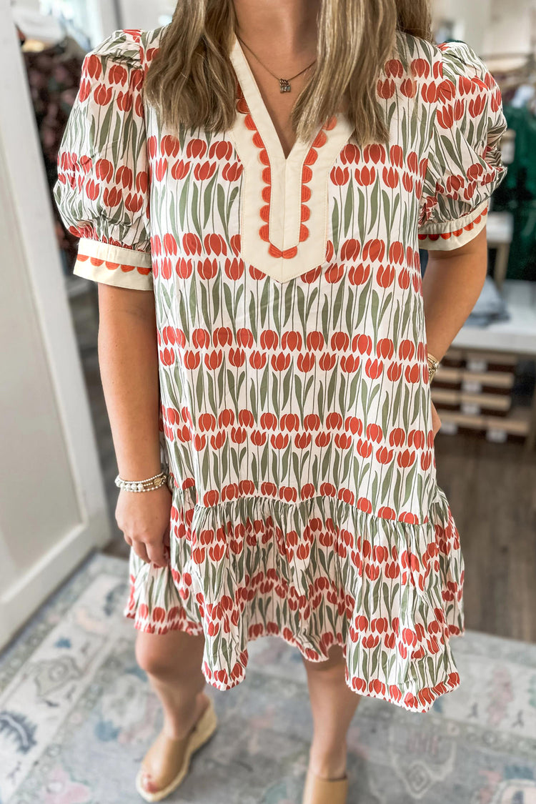 Wäiss Tulpen-Blummendrock Kottengpuff kuerz Äerm Mini-Kleed - Damesmode