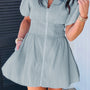 Beau Blauw Effen Farbe Strukturierter V-Ausschnitt Reißverschluss Shirred Hoge Taille Mini Jurk