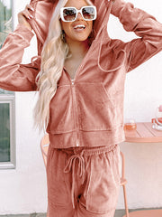 Ensemble sweat à capuche en velours en velours de Pêcher et pantalon large jambe - Miniatuur