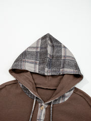 Brown Plaid Patchwork Button Down Drawstring Hooded Shacket - Damesmode Afbeelding 6 - Miniatuur