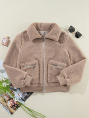 Chaqueta de invierno peluda con cremallera beige francesa clara - Miniatuur