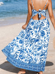 Himmelblaues, verdrehtes Brust-Spaghetti-Träger Rückenloses Blumen-Maxikleid - Miniatuur