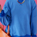 Blue Stripe Ribbed Cuffs Hem Long Sleeve Pullover Top - Damesmode Afbeelding 1 - Foto 1