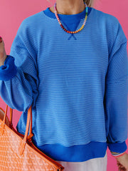 Blue Stripe Ribbed Cuffs Hem Long Sleeve Pullover Top - Women's Fashion Image 1 - Miniatuur