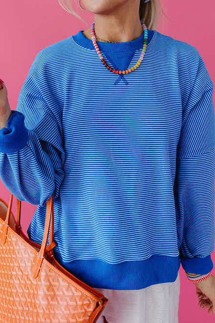 Blue Stripe Ribbed Cuffs Hem Long Sleeve Pullover Top - Women's Fashion Image 1