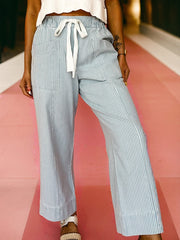Sky Blue Stripe Mid Rise Drawstring Waist Jeans - Miniatuur