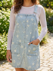 Sky Blue Retro Wash Denim Floral Print Overall Mini Dress - Miniatuur