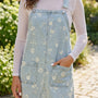 Sky Blue Retro Wash Denim Floral Print Overall Mini Dress