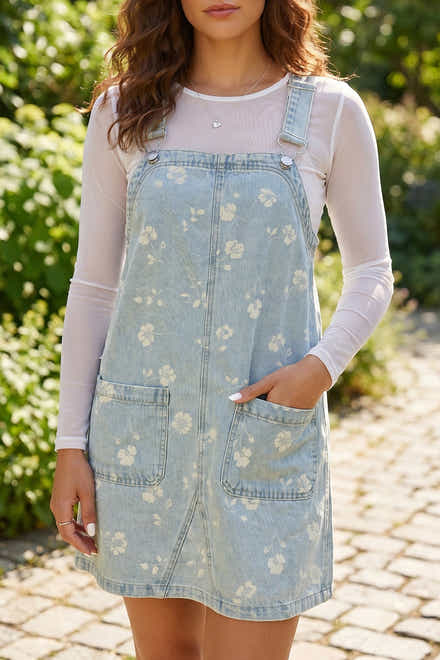 Mini combinaison en jean rétro bleu ciel à motif floral