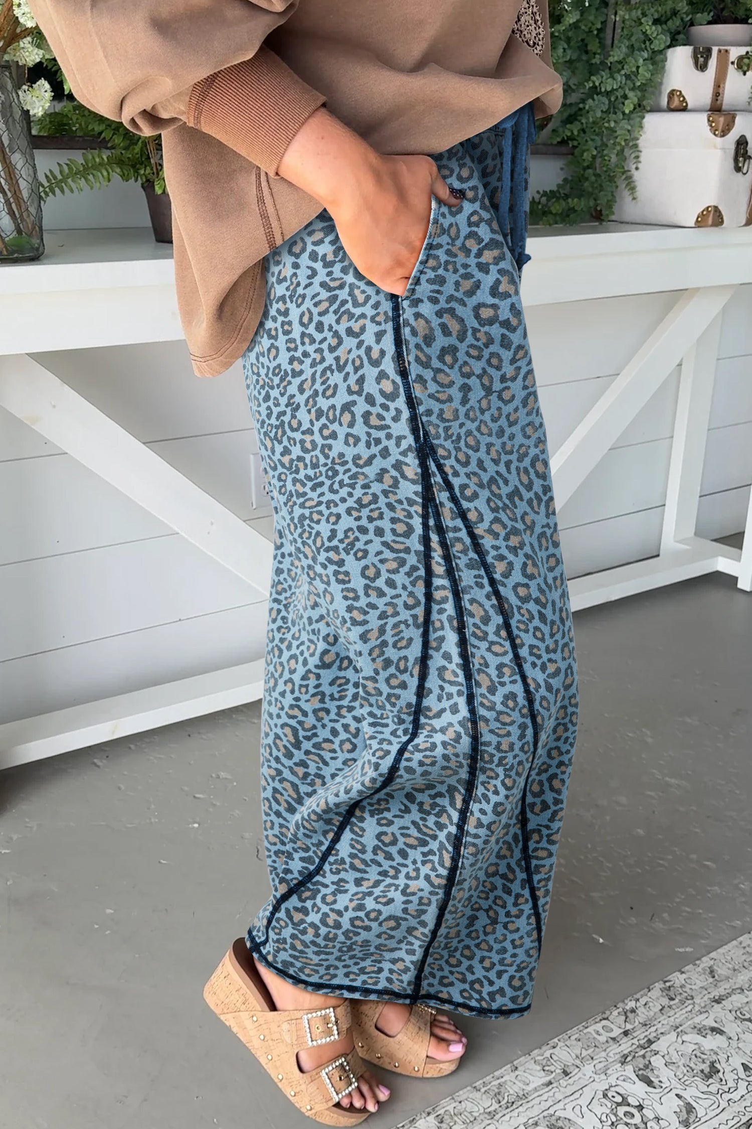 Blue Leopard Print Exposed Seam Detail Wide Leg Drawstring Jeans - Damesmode Afbeelding 2
