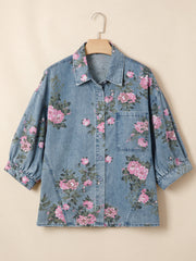 Blå armbånds-ærme blomsterdenim-skjorte - Kvindemode billede 2 - Miniatuur