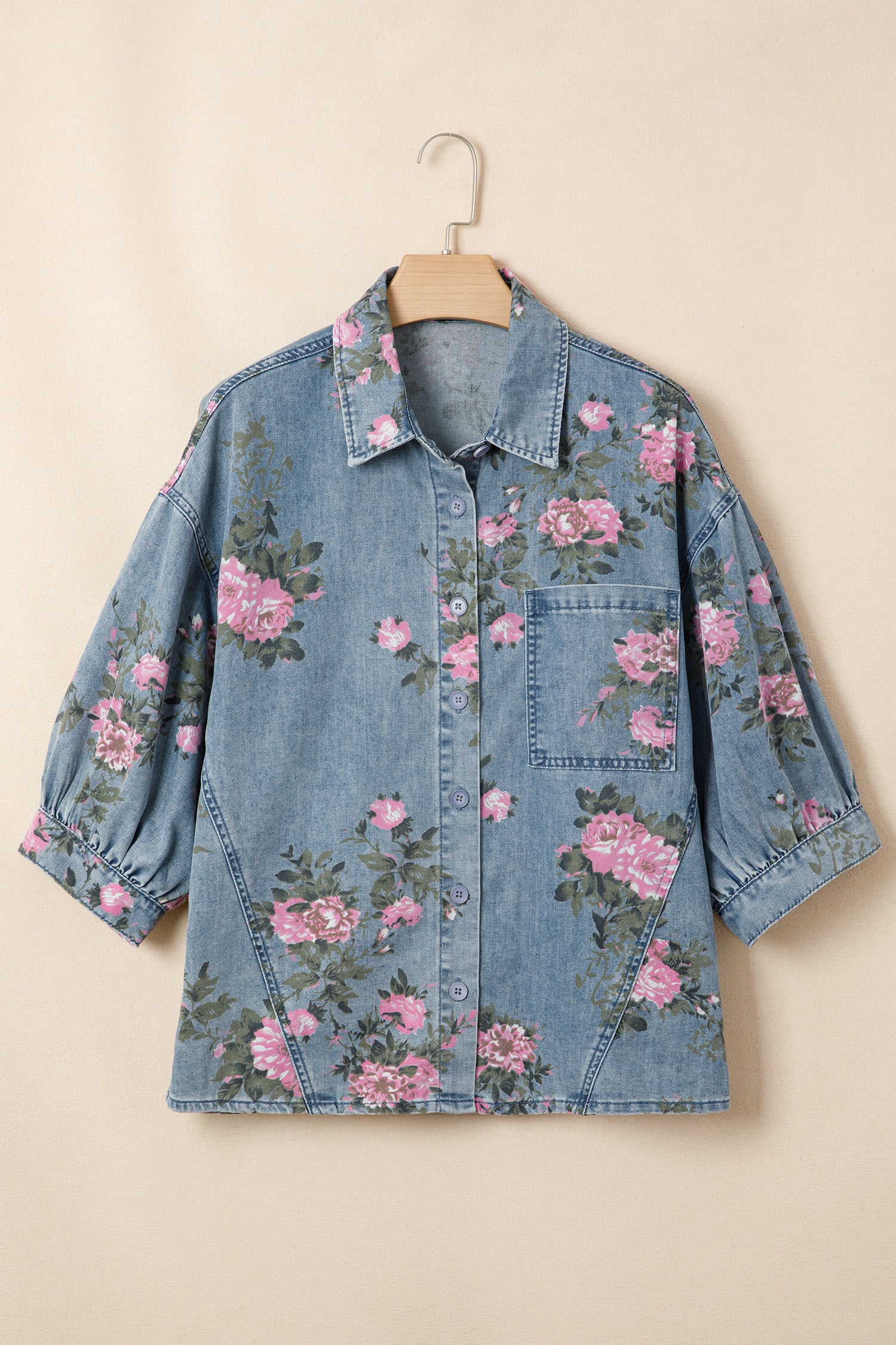 Blue Bracelet Sleeve Floral Denim Shirt - Women's Fashion Image 2