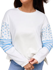 Beige Floral Striped Long Sleeve Contrasted Pullover Top - Women's Fashion Image 4 - Miniatuur