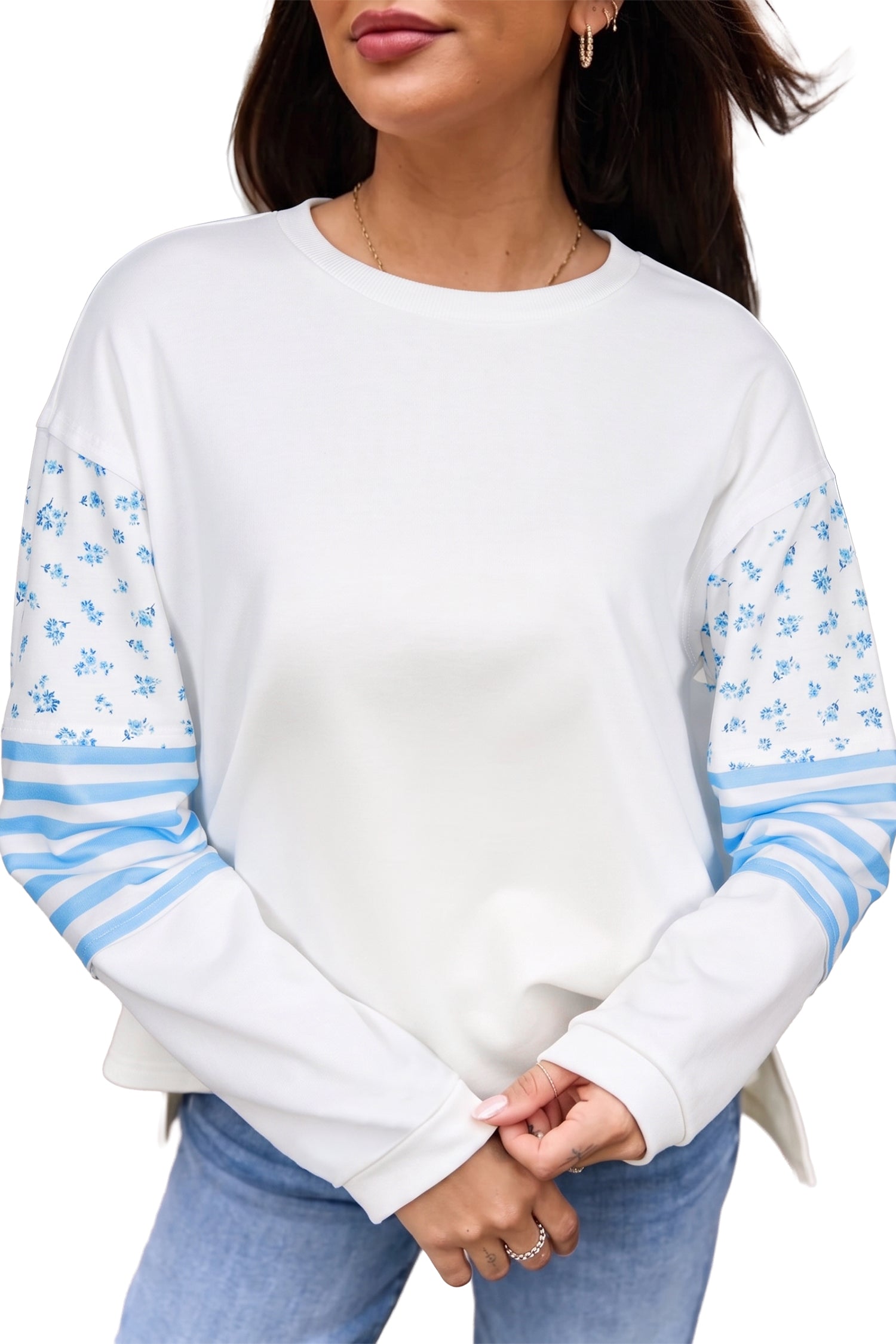 Beige Floral Striped Long Sleeve Contrasted Pullover Top - Damesmode Afbeelding 4