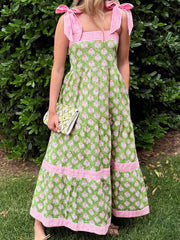Vestido Maxi de tirantes nudos con estampado floral verde con detalles de nudo - Miniatuur