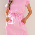 Bonbon Cuffed Short Sleeve Mix Fabric Patchwork Drawstring Mini Dress - Damesmode Afbeelding 6 - Foto 6