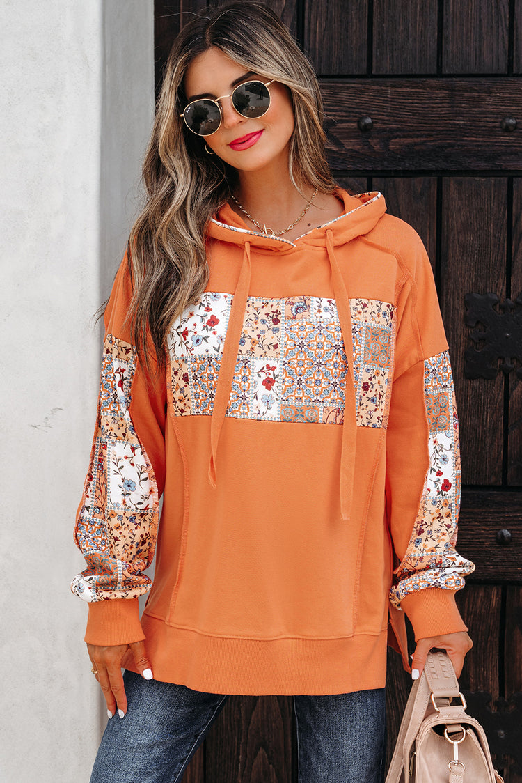Flamingo Mix Floral Patchwork Side Slit Drawstring Hoodie - Damesmode