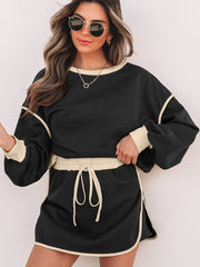 Schwarzer Farbkontrast lockerer Pullover und Schnür-Taillen-Skort-Set – Damesmode Afbeelding 1 - Miniatuur