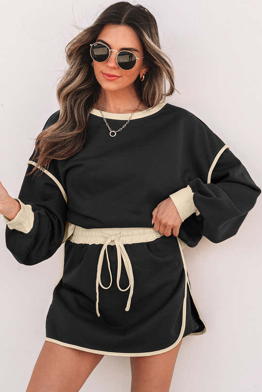 Schwarzer Farbkontrast lockerer Pullover und Schnür-Taillen-Skort-Set – Damesmode Afbeelding 1
