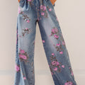 Beau Blue Floral Print Elastic Waist Pull On Casual Jeans - Damesmode Afbeelding 4 - Foto 4