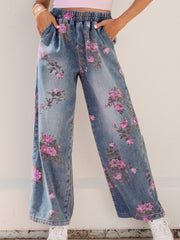 Beau Blue Floral Print Elastic Waist Pull On Casual Jeans - Damesmode Afbeelding 4 - Miniatuur