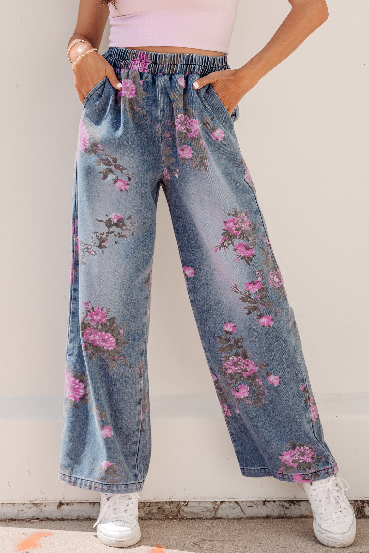 Beau Blue Floral Print Elastic Waist Pull On Casual Jeans - Damesmode Afbeelding 4