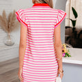Green Stripe Print Contrast Collar Split Neck Flutter Sleeve Short Dress - Foto 5