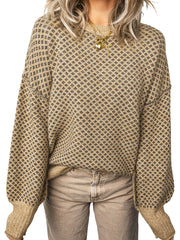 Maglione a maniche lunghe con stampa geometrica cachi, spalle a scollo rotondo e scollo a scena - Miniatuur