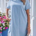 Sky Blue Stripe Buttoned Back T-Shirt Denim Mini Dress - Foto 6