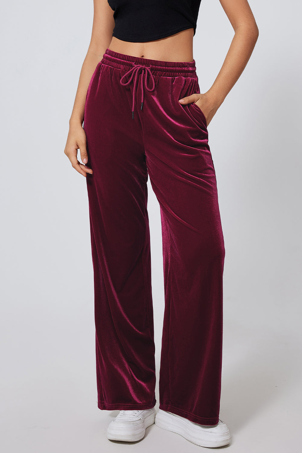 Pantalon à cordon fixe uni, taille à jambes larges