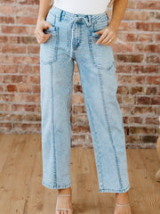 Myosotis Exposed Stitch Detail Drawstring Barrel Jeans - Miniatuur
