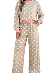 Khaki Polka Dot Contrast Trim Long Sleeve Top Drawstring Shift Pants Set - Miniatuur