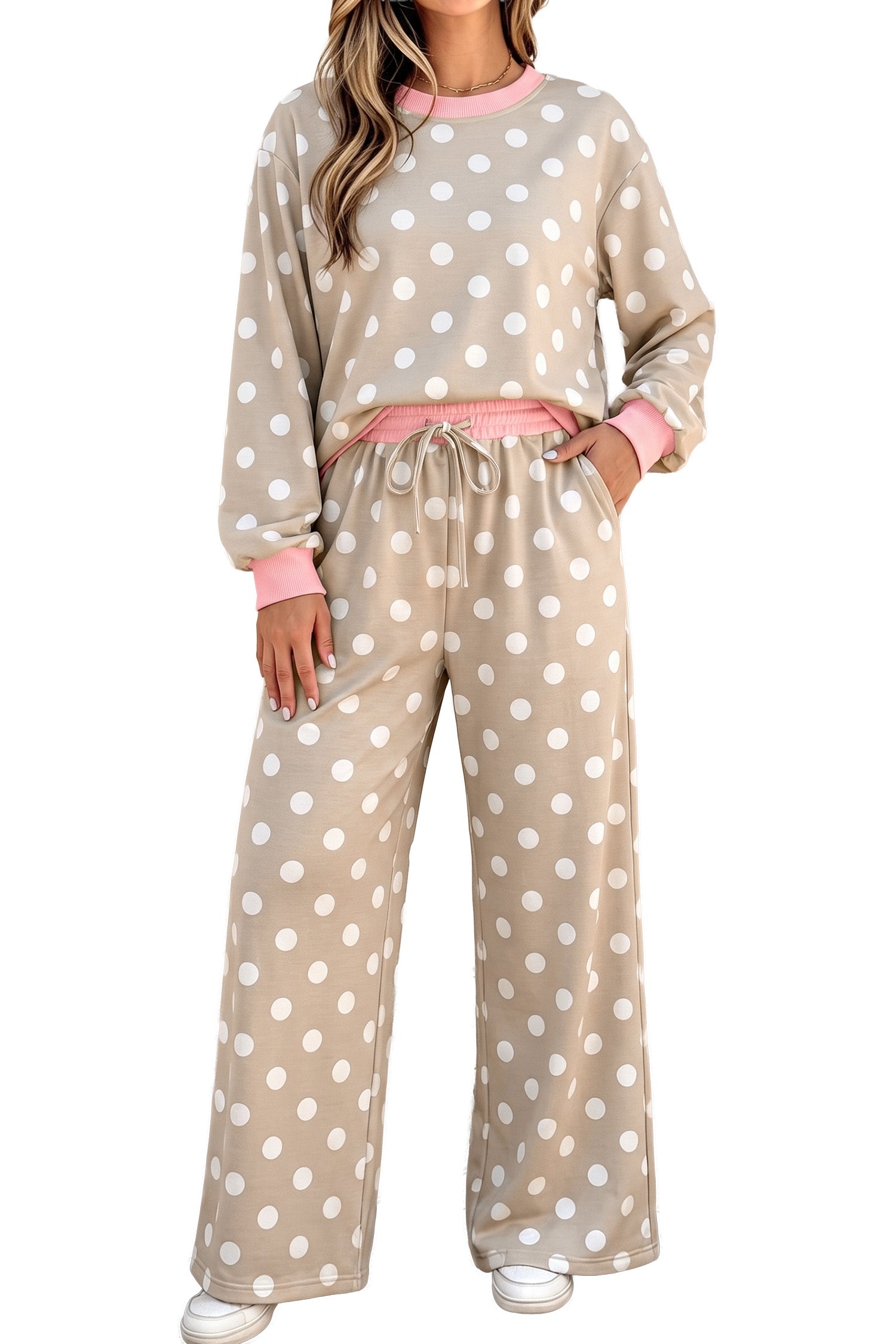 Khaki Polka Dot Contrast Trim Langärmel-Oberteil, Kordelzug-Shift-Hose Set