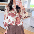 Brown Floral Print Button Down Poet Sleeve Shirt - Damesmode Afbeelding 2 - Foto 2