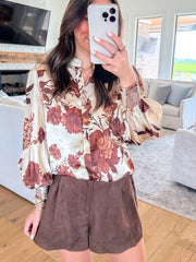 Camisa de botones con estampado floral marrón y manga Poet - Imagen de moda femenina 2 - Miniatuur