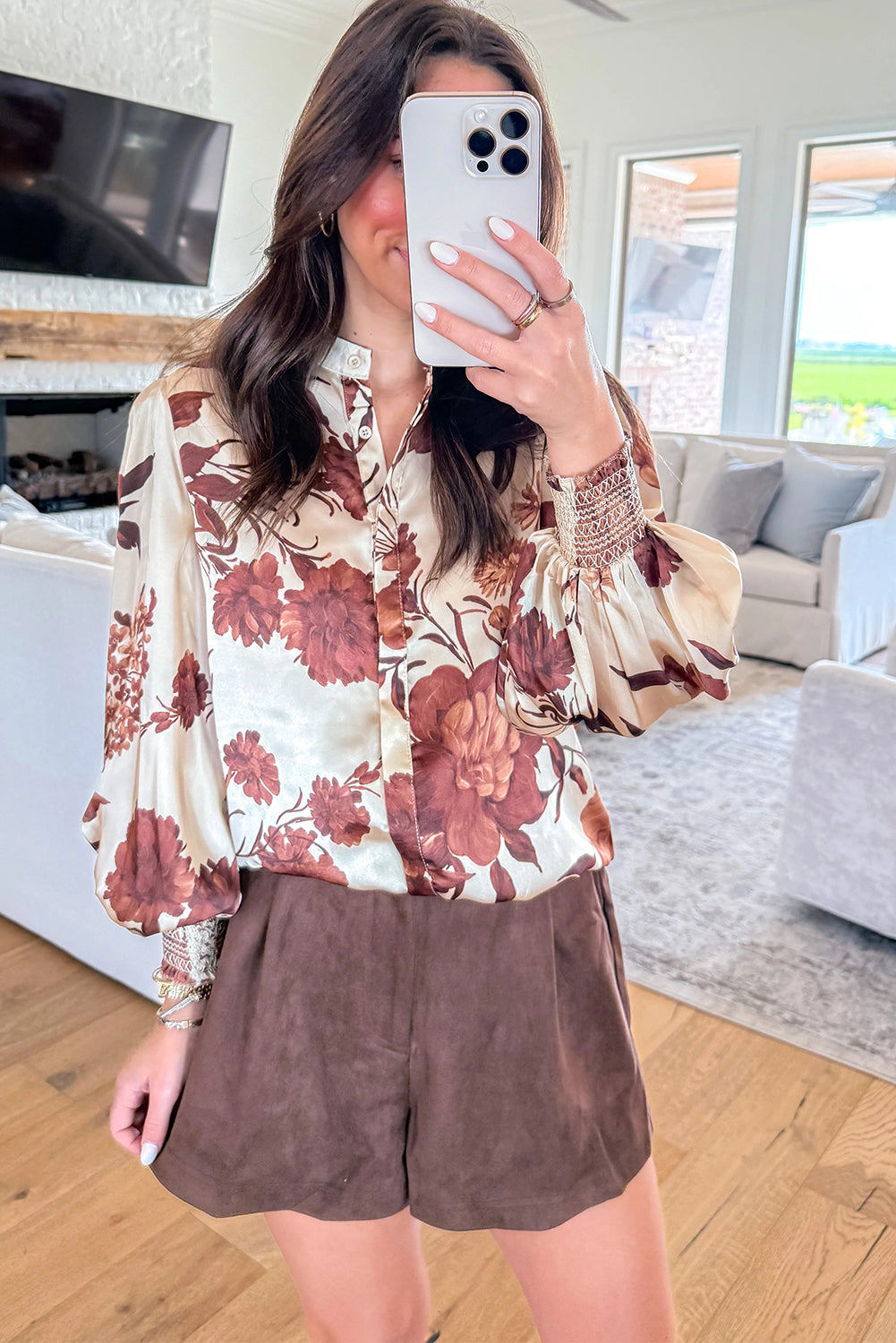 Brown Floral Print Button Down Poet Sleeve Shirt - Damesmode Afbeelding 2