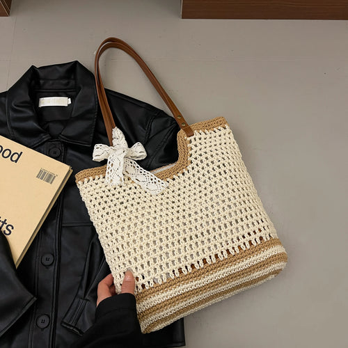 Woven Straw Tote Bag with Bow Detail - Detail