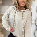 Black Elastic Cuffs Leopard Contrast Drawstring Hoodie - Damesmode Afbeelding 6 - Foto 6