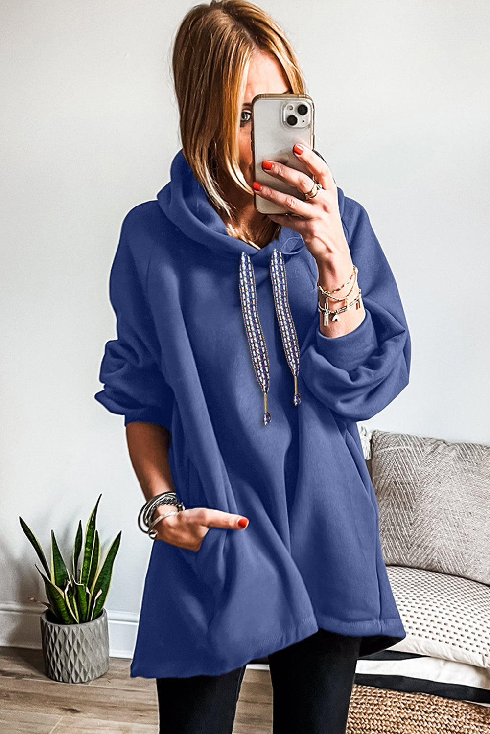 Schmutzig blauer Fleece-Hoodie, verstellbarer Kordelzug-Hoodie mit Übergroßem Tunika-Hoodie