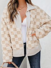 Khaki Checker Sherpa Corduroy Patchwork Lynlåsjakke med krave - Miniatuur