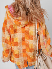 Orange karierte Sherpa-Kapuzenjacke - Miniatuur