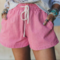 Lyserøde stribede elastik i talje afslappede denimshorts - Foto 3