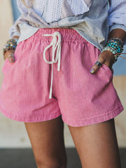 Rosa Streifen mit Kordelzug und elastischer Taille legere Jeansshorts - Miniatuur