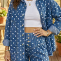 Blue Polka Dot Long Sleeve Collar Shift Tunic Denim Jacket - Damesmode Afbeelding 1 - Foto 1