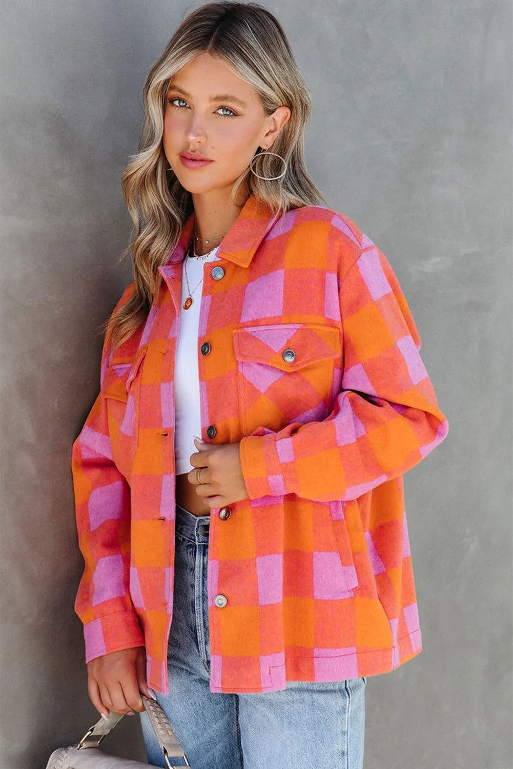 Orange karierte Brusttaschen – Umschlagjacke mit Knopfen und Kragen