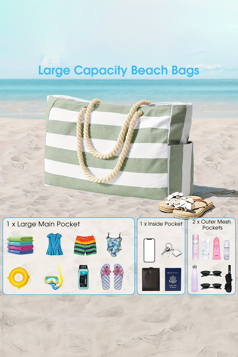 Hellblau gestreifter wasserdichter Canvas große Tragtasche