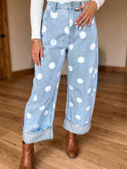 Himmelblaue Polka-Punkte, knöchellange Metall-Knopf-Casual-Jeans - Miniatuur