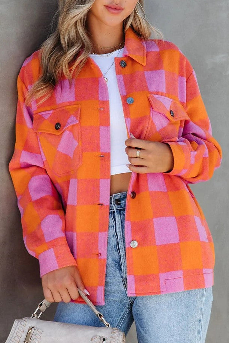 Bolsillos de cuadros naranjas Camisa abotonada con cuello abatido - Damesmode
