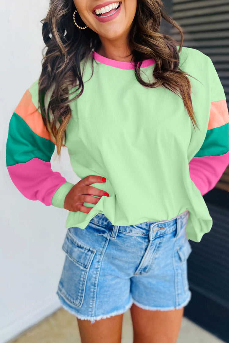 Haut large à manches longues patchwork en bloc de couleur vert - Damesmode