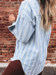 Tasca sul petto a righe azzurro cielo Boyfriend Classic Denim Shacket - Miniatuur